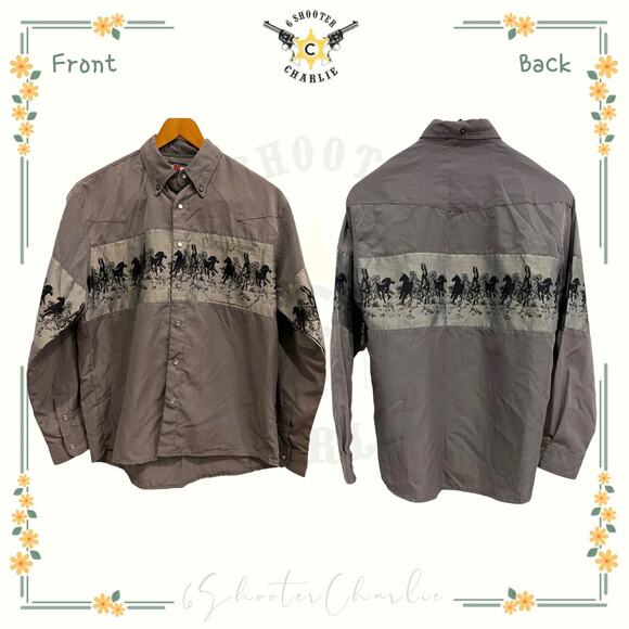 Vintage Scorpio Men's L/S Shirt Small Grey Silver Horse Theme Pearl Snaps - Picture 1 of 6